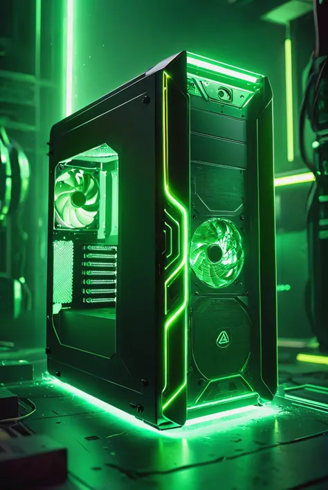 high end PC case, computer parts, green, glowneon, glowing, sparks, Concept art, depth of field, (add more details:1.4), <lora:add-detail-xl:1>, Raw photo, realistic, cinematic lighting, soft shadows, sharp focus, fractal, colorful, depth of field, best quality, 16k resolution, <lora:glowneon_xl_v1:0.8>