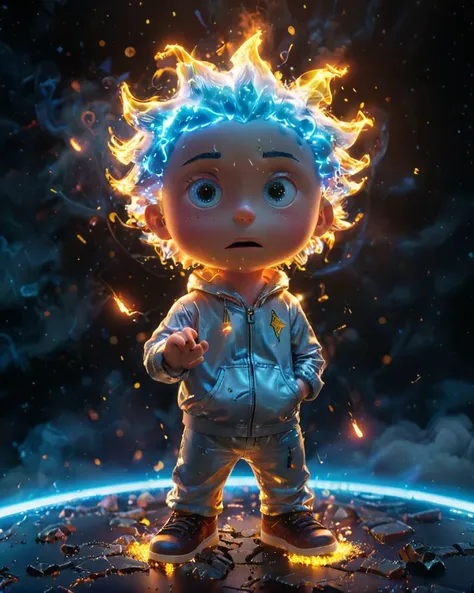 A cartoon character with blue hair and a white jacket standing on a ...