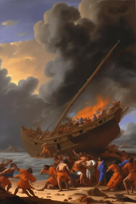 <lora:Nicolas Poussin Style:1>Nicolas Poussin Style - The Indomitable began to lose altitude, flying lower and lower. Soon, the ship landed on the ground, right in the middle of a huge desert of burning sand. The crew was shocked and bewildered. How had they landed in a desert after being caught in a storm in the middle of the ocean? Nicolas Poussin style painting
