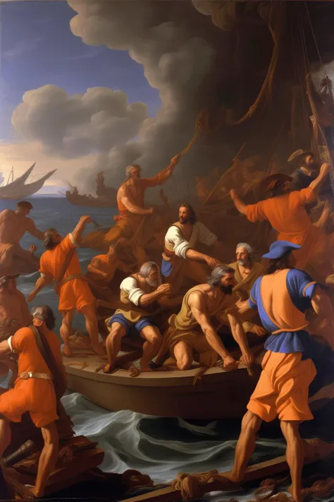 <lora:Nicolas Poussin Style:1>Nicolas Poussin Style - Captain Dupont and his crew realized that climate change had caused a lot of destruction, but they had also seen evidence of the resilient nature of the planet. They set out to sea, more determined than ever to sail into the future, helping everyone they meet and working tirelessly to protect the planet that gave them so much. Nicolas Poussin style painting