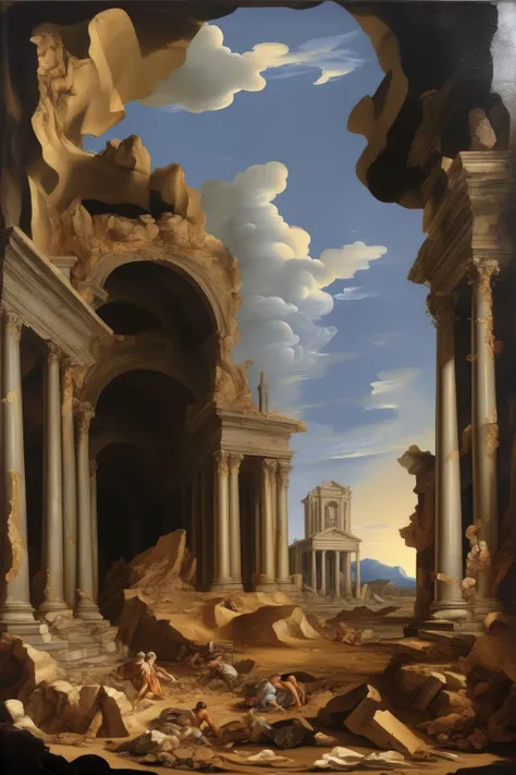 <lora:Nicolas Poussin Style:1>Nicolas Poussin Style - A ruined, ancient city buried beneath the desert sands, in the Baroque style of Gian Lorenzo Bernini