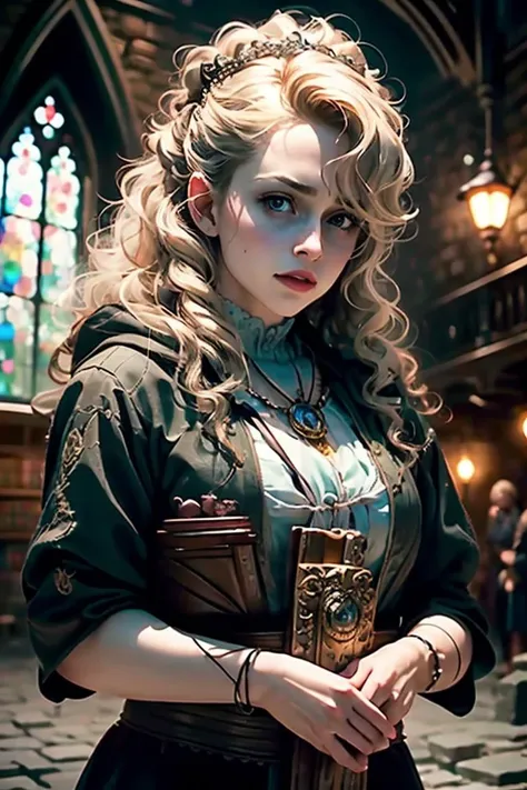 an awarded profesional photography of 1girl <lora:Bellatrix Lestrange:0.69> Harry Potter style, analog style , Sun tattoo beautiful coral eyes,) medium hair drill hair dirty blonde with mongkhon with bracelet Short train wedding dress ecstatic,she make lying against the ground, hand on head neck ribbon in a A dimly lit medieval library with dusty tomes, in autumn Denis Villeneuve Solar Lighting,(epic scene:1.3),ultradetialed character with perfect face,detailed skin,(ultrasharp:1.3),(masterpiece:1.1),best quality ,(photorealistic:1.2),ultrarealistic,realistic ultradetailed character,4k perfect quality,character focus,<lyco:GoodHands-beta2:1>Magnificent,Imperceptible detail,Intricately designed, <hypernet:sxzBloom_sxzBloom:0.6> hotify