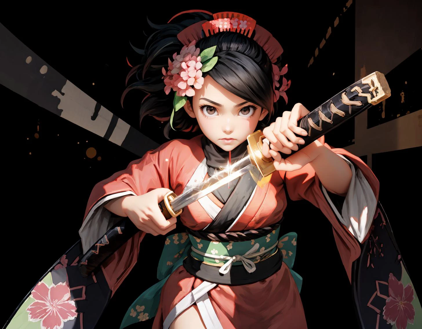 Highly detailed, High Quality, Masterpiece, solo, bokeh, beautiful, IncrsUnsheathingAKatanaMeme, holding sheath, sheath, <lora:ChihiroUnsheathingAKatanaMeme:.85>, <lora:muramasa_momohime-11:0.8> momohime, hair flower, japanese clothes, armor, kimono, black background <lora:add_detail:0.35>