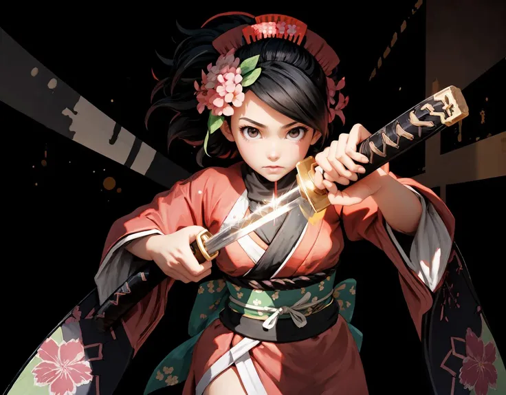 Highly detailed, High Quality, Masterpiece, solo, bokeh, beautiful, IncrsUnsheathingAKatanaMeme, holding sheath, sheath, <lora:ChihiroUnsheathingAKatanaMeme:.85>,  <lora:muramasa_momohime-11:0.8> momohime, hair flower, japanese clothes, armor, kimono, black background <lora:add_detail:0.35>