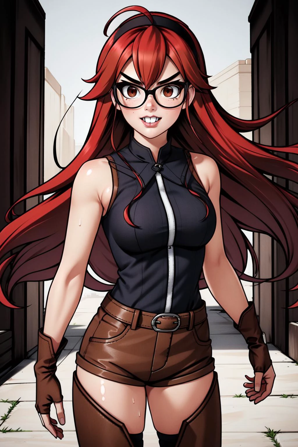 (masterpiece, best quality), intricate details,
1girl, <lora:ErisGreyratNDV-10:0.8> ErisgreyratNDV, 1girl, red hair, red eyes, large breasts, very long hair, ahoge, cowboy shot, hair between eyes, bare shoulders, black hairband, sleeveless shirt, brown jacket, fur collar, open clothes, leather shorts, high boots, belt, fingerless gloves, brown thighhighs
sweating, boob sweat, medium breasts,
<lora:UhmActually:0.8> glasses,index finger raised,upper teeth,