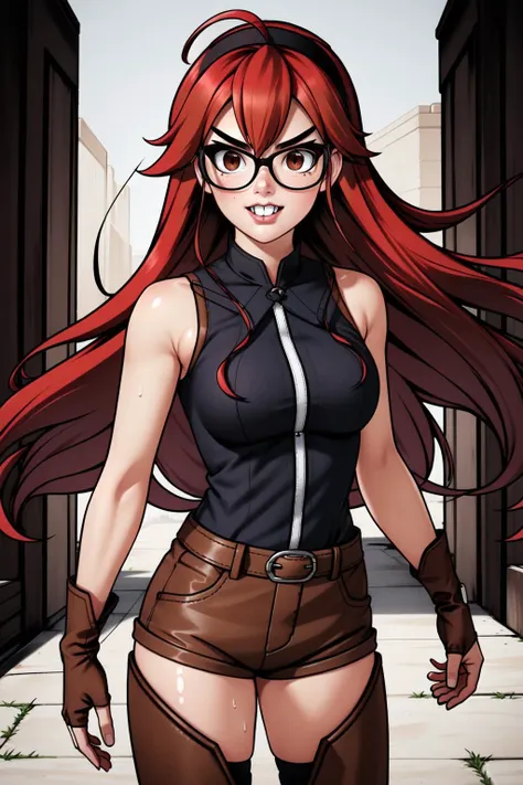 (masterpiece, best quality),  intricate details,
1girl,    <lora:ErisGreyratNDV-10:0.8> ErisgreyratNDV, 1girl, red hair, red eyes, large breasts, very long hair, ahoge, cowboy shot, hair between eyes, bare shoulders, black hairband, sleeveless shirt, brown jacket, fur collar, open clothes, leather shorts, high boots, belt, fingerless gloves, brown thighhighs
sweating, boob sweat, medium breasts, 
 <lora:UhmActually:0.8> glasses,index finger raised,upper teeth,