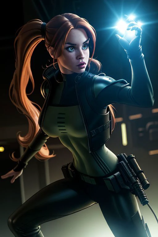 Adamhughesstyle
futuristic environment
center frame, sneaking in
1girl, 25 years old, slender body, slender limbs, ginger hair, long hair, twin pony tails, messy pony tails, green eyes, glowing eyes, light freckles, medium boobs
black pants, shirt, puffy jacket, tactical gear
dramatic lighting