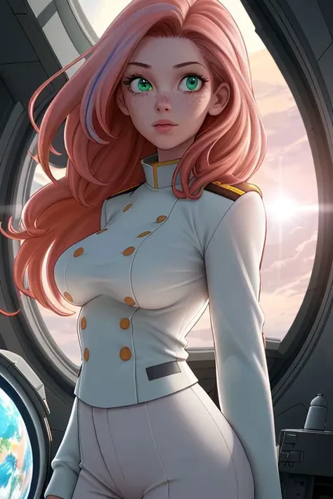 (8k uhd, masterpiece, best quality, high quality, absurdres, ultra-detailed, detailed background), space ship observation deck, large window, in space, earthlike planet in sunlight in background, single woman front center, gradient hair, red hair, light pink hair, green eyes, light freckles, turned towards viewer, looking to the side, floating in zero gravity, uniform trousers, no shirt, no jacket, naked boobs, big boobs, back light, rim light
