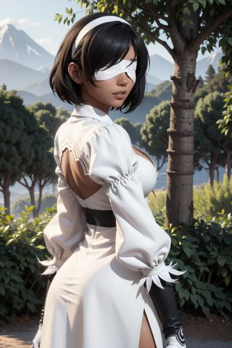 y2p, 1girl,cowboy shot, dark skin,black hair, short hair, white dress, cleavage cutout,(white gloves), feather-trimmed sleeves,(blindfold:1.2),white headband,(white blindfold),side slit,nature,forest, (dirt) trail,from behind, looking back, hair over one eye,mountain, (Maya 3d render:1.05), (masterpiece:1.3), (hires, high resolution:1.3), subsurface scattering <lora:y2p_v1:1>