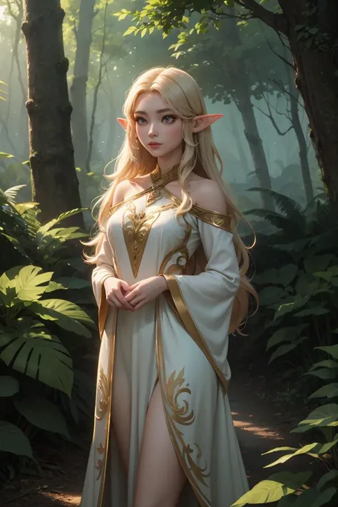 A serene female elf with gentle eyes and long, flowing hair, standing amidst a lush forest. She's dressed in a modest, nature-inspired gown that blends with the woodland surroundings. The focus is on her connection with nature, with a hint of mystical elegance.