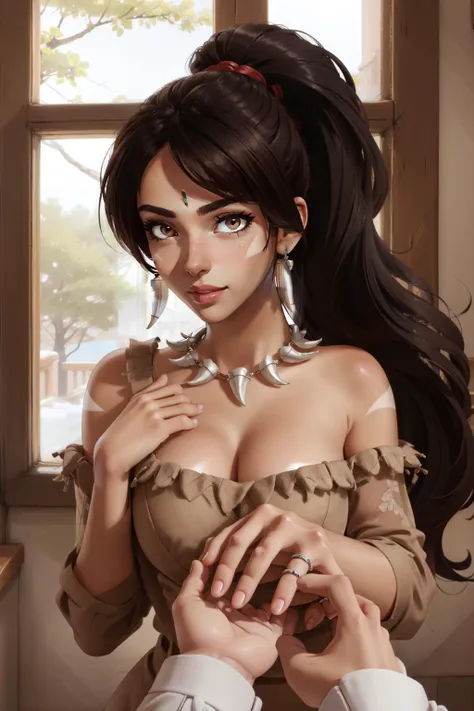 (masterpiece, best quality),  intricate details,
1girl,    <lora:nidalee-10:0.8> nidalee, long hair, ponytail, large breasts, dark skin, dark-skinned female, tribal, jewelry, facial mark, necklace, very long hair, tooth necklace, earrings
 <lora:Proposal:1> IncrsProp, wedding ring 
indoor,