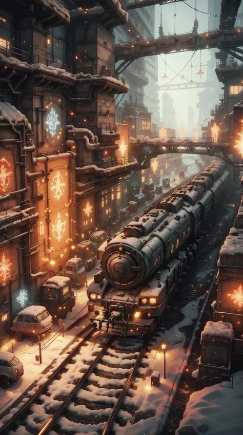 <lora:ChristmasWintery:0.8> ChristmasWintery cyberpunk locomotive in cyberpunk industrial site. cyberpunk factories. rail tracks. cyberpunk industrial area. Digital render. digital painting. Beeple. Noah Bradley. Cyril Roland. Ross Tran. trending on artstation., (Masterpiece:1.3) (best quality:1.2) (high quality:1.1)