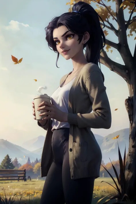 owmaker, pale skin, long hair, ponytail, yellow eyes, wearing casual clothing, long cardigan, vneck shirt, black leggings, looking at viewer, serious, smiling, medium shot,
standing, outside, park, field, trees, autumn, holding a coffee cup, overcast, extreme detail, masterpiece, <lora:owmakerv5-7-r1-4:.7>
