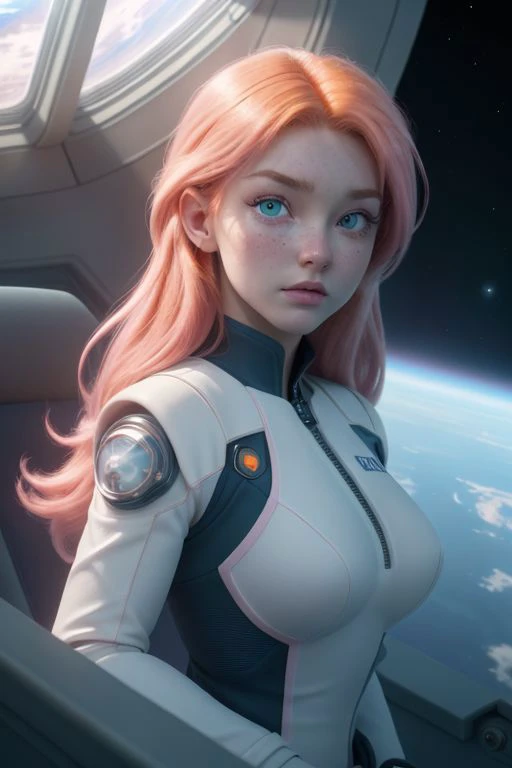 (8k uhd, masterpiece, best quality, high quality, absurdres, ultra-detailed), space ship observation deck, large window, in space, earthlike planet in sunlight in background, single woman front center, gradient hair, red hair, light pink hair, green eyes, light freckles, turned towards viewer, looking to the side, floating in zero gravity, navy uniform, uniform with white trim, uniform open, deep cleavage, back light, rim light