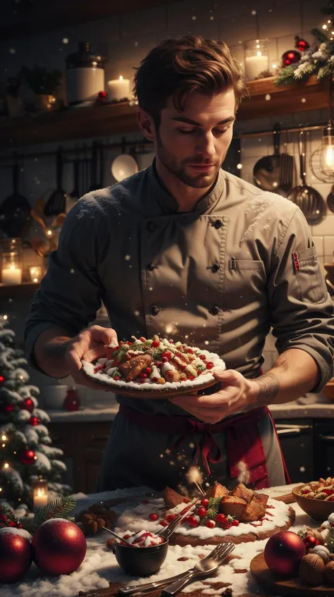 <lora:ChristmasWintery:0.7> ChristmasWintery male chef preparing a gourmet meal, (Masterpiece:1.3) (best quality:1.2) (high quality:1.1)