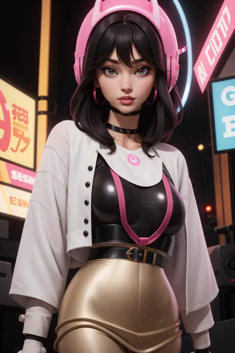 1girl, bodysuit, breasts, choker, gloves, gradient, gradient background, hat, headphones, helmet, lips, looking at viewer, makeup, medium breasts, solo