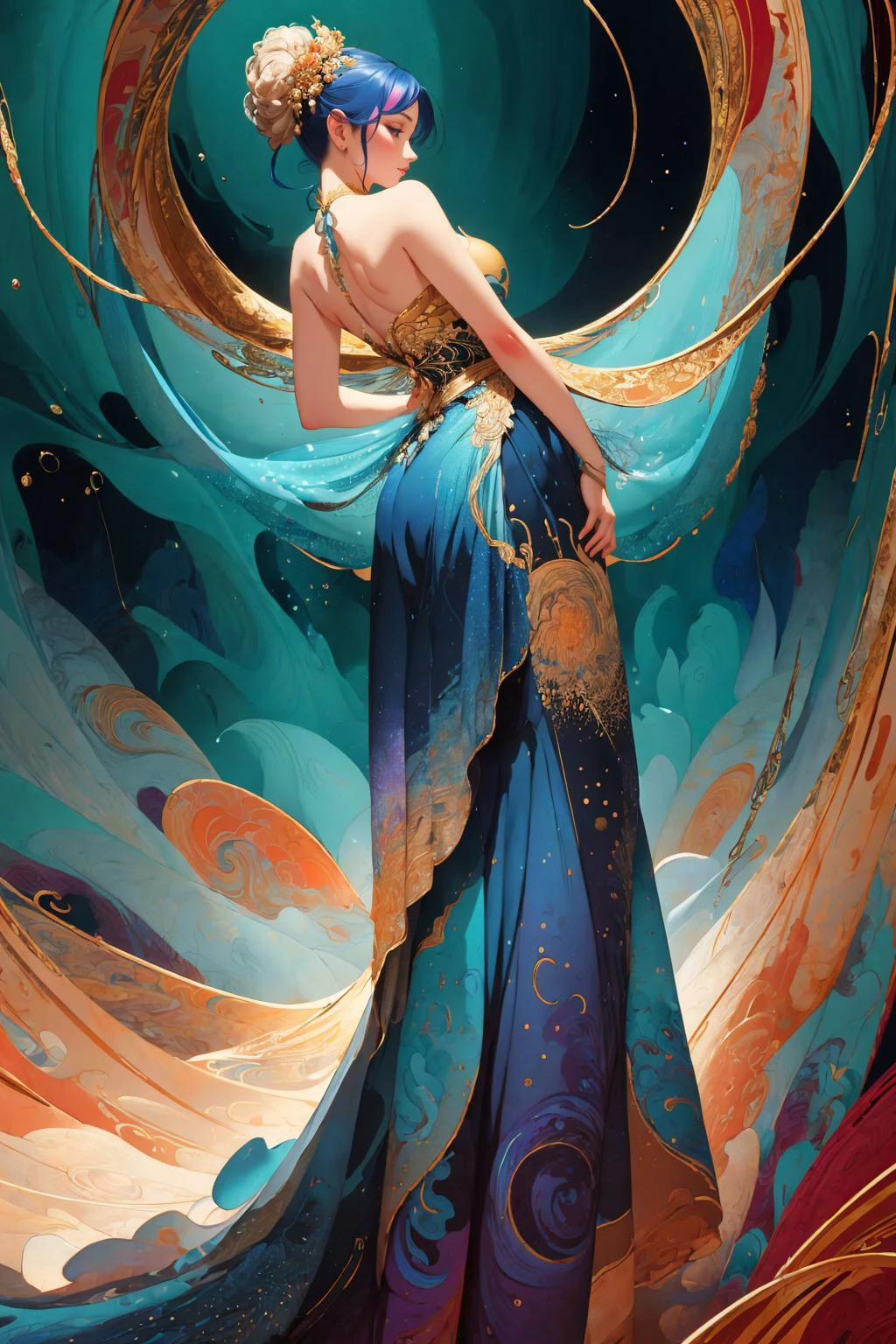 masterpiece, best quality, ertesyle, from below, (wearing Haute_Couture,edgHC_dress), edgEF, cowboy shot, a woman in a blue dress with golden embroidery, bare shoulders, wearing edgEF eastern clothing, arms behind back, leaning forward, closed mouth, gentle smile, natural lighting, <lora:edgEasternFantasyCouture:1> <lora:Ertestyle:0.9> Dive into a state of color euphoria, with vibrant brushwork, swirling motions, and exuberant color combinations that immerse the viewer in a visually stimulating and chaotic experience, <lora:GoodHands-beta2:1>