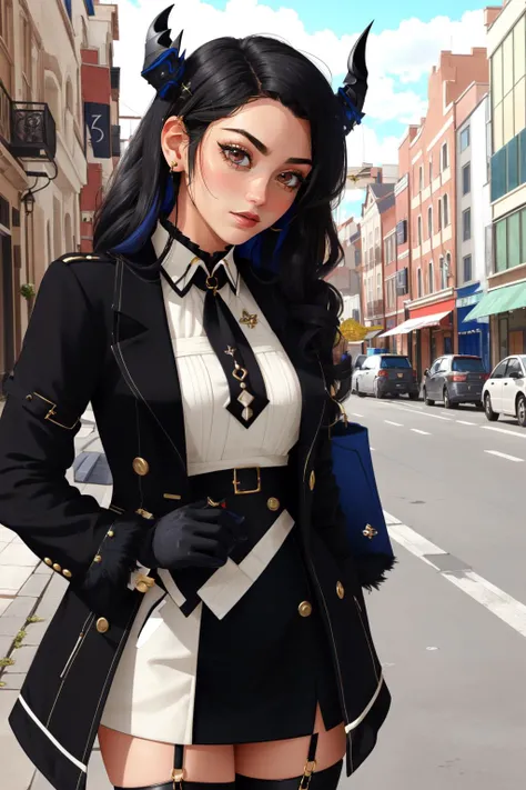 (masterpiece, best quality), intricate details,
1girl, <lora:KitsuneAi-NerissaRavencroft-LoCon32-V0_3-000009:0.8>nerissa_ravencroft, fur trim, necktie, black gloves, thighhighs, horn, black hair,
<lora:edgChicJackets:0.8> edgCJ, wearing edgCJ, chic jacket, jacket,