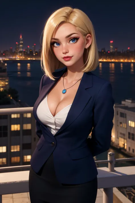 1girl, (blonde hair:1.1), (long bob, lob:1.2), hair-sidepart, (blue eyes:0.75), petite, slim waist, makeup, mascara, rosy cheeks, smokey eyes, lipstick, (beautiful, gorgeous:1.1), (corporate executive:1.3), (navy blazer:1.2), (pencil skirt:1.1), (silk blouse:1.1), detailed background, balcony, city night life, (water front, river:1.2), bridge, night time, modern city skyline, (facing forward:1.2), (panorama:1.3), skyscrapers, glass buildings, bustling city, (looking at viewer:1.4), standing, (arms behind back:1.3), pendant necklace, (cleavage:1.3), (Maya 3d render:1.05), (masterpiece:1.3), (hires, high resolution:1.3), subsurface scattering, ambient occlusion, bloom