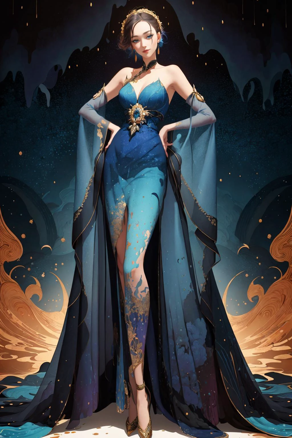 masterpiece, best quality, ertesyle, from below, (wearing Haute_Couture,edgHC_dress), edgEF, cowboy shot, a woman in a blue dress with golden embroidery, bare shoulders, wearing edgEF eastern clothing, arms behind back, leaning forward, closed mouth, gentle smile, natural lighting, <lora:edgEasternFantasyCouture:1> <lora:Ertestyle:0.9> Let vibrant ink blots and splatters scatter across the canvas, forming unpredictable and abstract shapes that create a chaotic and visually intriguing composition, <lora:GoodHands-beta2:1>