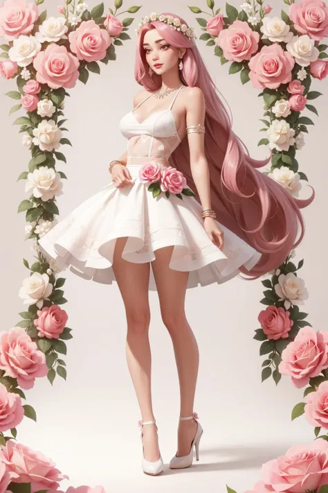 1girl, bracelet, floral background, flower, full body, high heels, jewelry, long hair, pink rose, rose, solo, standing, white flower, white rose1girl, all fours, ass, barefoot, black hair, fishnet legwear, fishnets, pool, short hair, solo, spider web print, swimsuitdisney style