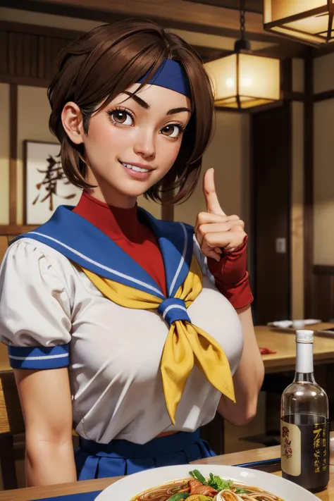 sakurasf5, short brown hair, brown eyes, white headband, white serafuku, shirt, red fingerless gloves, yellow neckerchief, blue skirt, looking at viewer, smiling, happy, teeth,
sitting, inside a japanese restaurant, table full of food, ramen, bottle of sake, playful ambiance, extreme detail, masterpiece, <lora:sakuraSF5:.7>