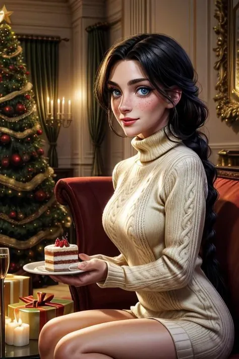masterpiece, best quality, detailed, sidelighting,Beautiful white skin ,1girl, freckles, dark blue eyes, starry eyes, black hair, (single braid: 1.2),(medium breast)
,Happy and fun,Drunk and a little red face,coquettish face,
sweater,turtleneck sweater,
indoor,evening,late at night, living room,Living room decorated for Christmas,Beautiful light and shadow of lighting,
Sitting on the couch. ,hold a glass of champagne,Cake and champagne at the table,Eating cake with glee,Christmas cake,Christmas Dinner,Roasted whole turkey,Christmas Dinner on the Table,