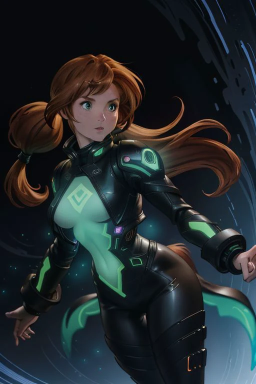 futuristic environment
center frame, dark alley, action shot, turning invisible
1girl, 25 years old, slender body, slender limbs, ginger hair, long hair, twin pony tails, messy pony tails, green eyes, glowing eyes, light freckles, medium boobs
black pants, shirt, puffy jacket, tactical gear
magic, becoming invisible, partially translucent, magical energies
dramatic lighting