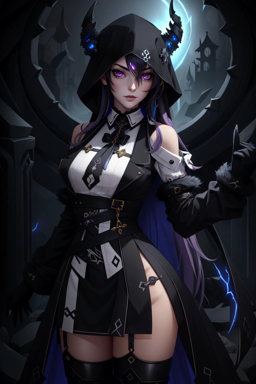 (masterpiece, best quality), intricate details,
1girl, <lora:KitsuneAi-NerissaRavencroft-LoCon32-V0_3-000009:0.8>nerissa_ravencroft, fur trim, necktie, black gloves, thighhighs, horn,
<lora:edgCultistHood:0.8> edgCultist, dark, ominous, wearing edgCultist_hood, glowing eyes, purple eyes,