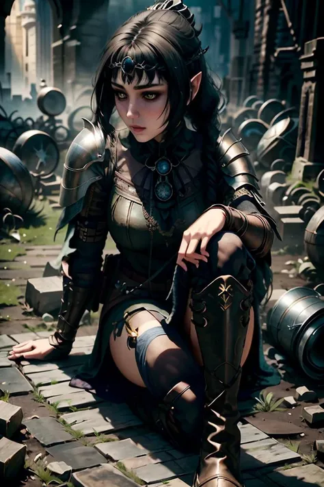 an awarded profesional photography of 1girl <lora:ShadowHeartV2:0.69> ShadowHBG, shadowhbg, 1girl, realistic, bangs, long hair, green eyes , Pale skin beautiful grey eyes,) french fishtail braid pointy hair medium brown with dixie cup hat with gloves peasant blouse with a full midi skirt, a pair of heeled clogs or lace-up boots, and a basket bag tender,she make Stand on your right foot, bending your left knee and placing your left heel against the inner thigh of your right leg. Align your left knee over your left ankle. Extend your right arm upward, palm facing forward, and bend your left arm, placing your left hand on your right shoulder or upper arm. Look up at your extended right hand. Bird on shoulder in a The Plague Crypts - A vast network of underground tunnels and chambers, filled with the skeletons of people who died from a long-forgotten plague. The crypts are ruled by a council of necromancers who claim to be immortal and possess incredible powers over death itself. , in autumn by W. Eugene Smith LED Lighting,(epic scene:1.3),ultradetialed character with perfect face,detailed skin,(ultrasharp:1.3),(masterpiece:1.1),best quality ,(photorealistic:1.2),ultrarealistic,realistic ultradetailed character,4k perfect quality,character focus,<lyco:GoodHands-beta2:1>Magnificent,Imperceptible detail,Intricately designed, <hypernet:sxzBloom_sxzBloom:0.6> hotify