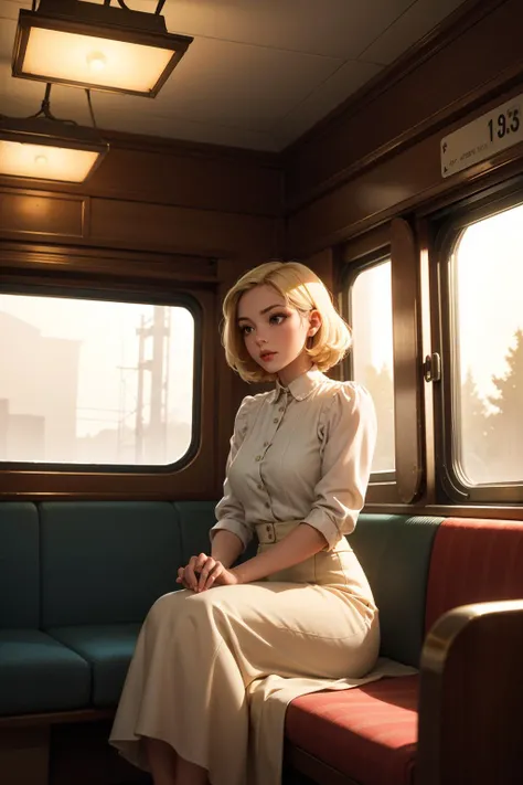 A beautiful blonde young woman sitting inside a 1930s-1940s style train. She is dressed in period-appropriate attire, looking elegant and poised. The train interior should reflect the vintage design of that era, with details like wooden panels and classic upholstery. The woman is gazing thoughtfully out of the train window, her expression reflective and serene. The lighting is soft, adding a nostalgic and timeless quality to the scene. Emphasis should be on the authenticity of the period style, the intricate details of her clothing and the train's interior, and the overall atmospheric mood of the image