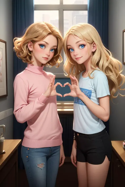 (AS-YoungV2:1.2), (masterpiece, best quality:1.2), highly detailed, indoors, 2girls, blonde hair, wavy hair, (light blue eyes:1.2), heart hands,
ADDCOMM short hair, blush, pink sweater, jeans,
ADDCOL long hair, smile, white shirt, t-shirt, black shorts, short shorts,