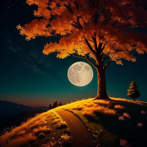 masterpiece, best quality, a lone tree on a hill radiant in the (glowing:1.3) light of the full moon, magical glowing tree, golden glowing tree