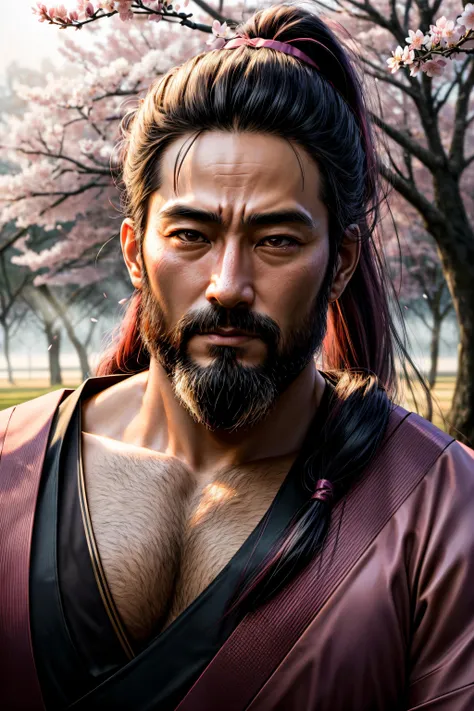 samurai, heavy armor, katana, beard, (male, man:1.5), looking at viewer, (extreme close up, ecu, full face shot:1.3), (detailed face:1.4), (documentary photography:1.2), content, relaxed, soft smile, (asian:1.3), (very long hair:1.4), straight hair, (hair up in ponytail:1.3), black hair, sitting, (early morning, sunrise:1.25), (foggy, mist, low visibility:1.25), <lora:more_details:0.5>, fcPortrait, masterpiece, subsurface scattering, heavy shadow, (high quality:1.4), golden ratio, cinematic composition, cherry blossom park, sakura trees, pink petals, outdoors