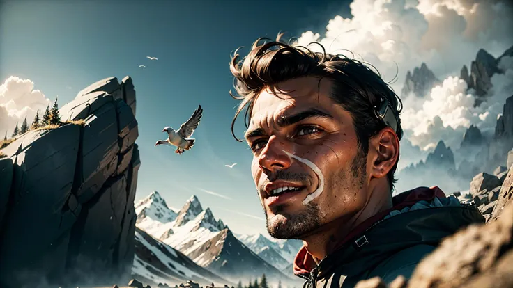 an awarded profesional photography of (1man:1.3) Indigenous with grey eyes white eyes eyes and Natural Brows and male classic side sweep hairstyle and stubble shavingin dark brown color, he wear jammers and kippah seductive smile, pigeon-toed in A mountain scene with a chamois standing on a rocky outcrop by by Alec Soth Streetlighting,(epic scene:1.3),ultradetialed character with perfect face,detailed skin,(ultrasharp:1.3),(masterpiece:1.1),best quality,(photorealistic:1.2),ultrarealistic,realistic ultradetailed character,4k perfect quality, Long shot, focus on character, <lyco:GoodHands-beta2:1> Magnificent,Imperceptible detail,Intricately designed, (perfect quality face:1.5) hyper-detailed complex, very intricate details, insanely detailed, detailed clothes, detailed skin, detailed body, nice character figure