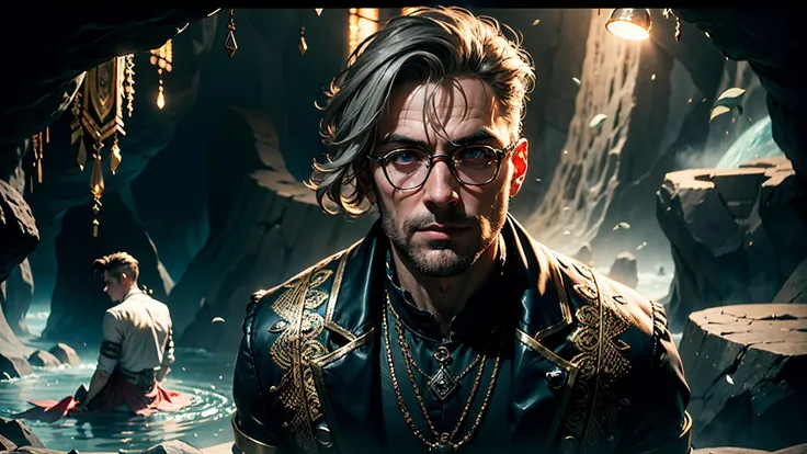 an awarded profesional photography of (1man:1.3) mermaid  with aqua eyes red eyes eyes  and Straight Brows and male Straight Textured Quiff hair hairstyle and long boxed beardin gray color, dressed as magician   hopeless, sitting with elbows on knees   in A colossal cave system with underground rivers, hidden chambers, and unique geological formations by Georges Mlis  Incandescent Lighting,(epic scene:1.3),ultradetialed character with perfect face,detailed skin,(ultrasharp:1.3),(masterpiece:1.1),best quality,(photorealistic:1.2),ultrarealistic,realistic ultradetailed character,4k perfect quality, Over-the-shoulder shot,  focus on character, <lyco:GoodHands-beta2:1> Magnificent,Imperceptible detail,Intricately designed,  (perfect quality face:1.5)  hyper-detailed complex,  very intricate details,  insanely detailed, detailed clothes, detailed skin, detailed body, nice character figure