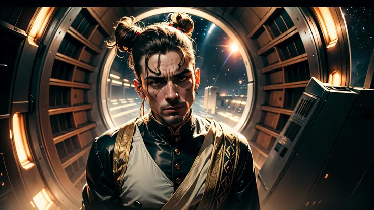 an awarded profesional photography of (1man:1.3) ancient Roman with dark brown eyes eyes and Straight Brows and male Straight Messy Top Knot hair hairstyle and 5 o'clock shadowin auburn color, dressed as Priest gloom (expression), waist hug in time-bending, Intergalactic space station, Galactic council chamber, A planet with a thick, toxic atmosphere, forcing its inhabitants to live in domed cities or underground bunkers., Giant space station by by Don McCullin Short Lighting,(epic scene:1.3),ultradetialed character with perfect face,detailed skin,(ultrasharp:1.3),(masterpiece:1.1),best quality,(photorealistic:1.2),ultrarealistic,realistic ultradetailed character,4k perfect quality, Over-the-shoulder shot, focus on character, <lyco:GoodHands-beta2:1> Magnificent,Imperceptible detail,Intricately designed, (perfect quality face:1.5) hyper-detailed complex, very intricate details, insanely detailed, detailed clothes, detailed skin, detailed body, nice character figure