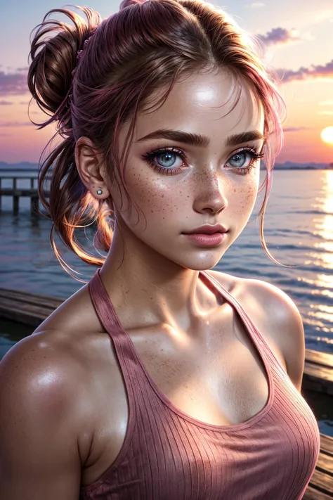 on the wooden pier, (tank top:1.2), (pink halter top:1.4), 1girl, fully clothed, looking at viewer, (extreme close up, ecu, full face shot:1.3), (detailed face:1.4), (candid photography:1.2), colorful, content, relaxed, soft smile, (shoulder length hair:1.3), (foundation, concealer, mascara, rosy cheeks, smokey eye makeup, lipstick:1.3), nail polish, (beautiful, gorgeous, flawless complexion:1.2), hair clips, hair bands, ribbons, lip gloss, shiny lips, freckles, antique rose, rustic brown, warm beige, dusty blue, faded olive, standing, (sunset, dusk:1.25), <lora:more_details:0.5>, fcDetailPortrait, professional photography, HDR (High Dynamic Range), subsurface scattering, realistic, heavy shadow, masterpiece, ultra realistic, high resolution, golden ratio, rule of thirds, intricate, high detail, film photography, DSLR, (hair up in ponytail:1.3), (blue eyes:0.8), brunette hair