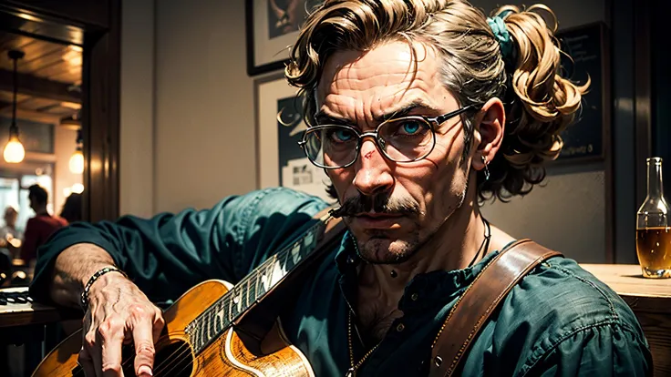 an awarded profesional photography of (1man:1.3) ancient Roman with turquoise eyes and Angular Brows and male Curly Finger Waves hair hairstyle and zappa mustachein dark blonde color, dressed as Alchemist smug, with a weapon Holding a Karambit Knife in Acoustic Music Stage: The cafe features an acoustic music stage where local musicians perform live, creating a soothing and melodic ambiance. Guests can enjoy live performances ranging from soulful acoustic melodies to captivating folk tunes. by Mark Fearnley Shadow Lighting,(epic scene:1.3),ultradetialed character with perfect face,detailed skin,(ultrasharp:1.3),(masterpiece:1.1),best quality,(photorealistic:1.2),ultrarealistic,realistic ultradetailed character,4k perfect quality, landscape with detailed character shot, focus on character, <lyco:GoodHands-beta2:1> Magnificent,Imperceptible detail,Intricately designed, (perfect quality face:1.5) hyper-detailed complex, very intricate details, insanely detailed, detailed clothes, detailed skin, detailed body, nice character figure
