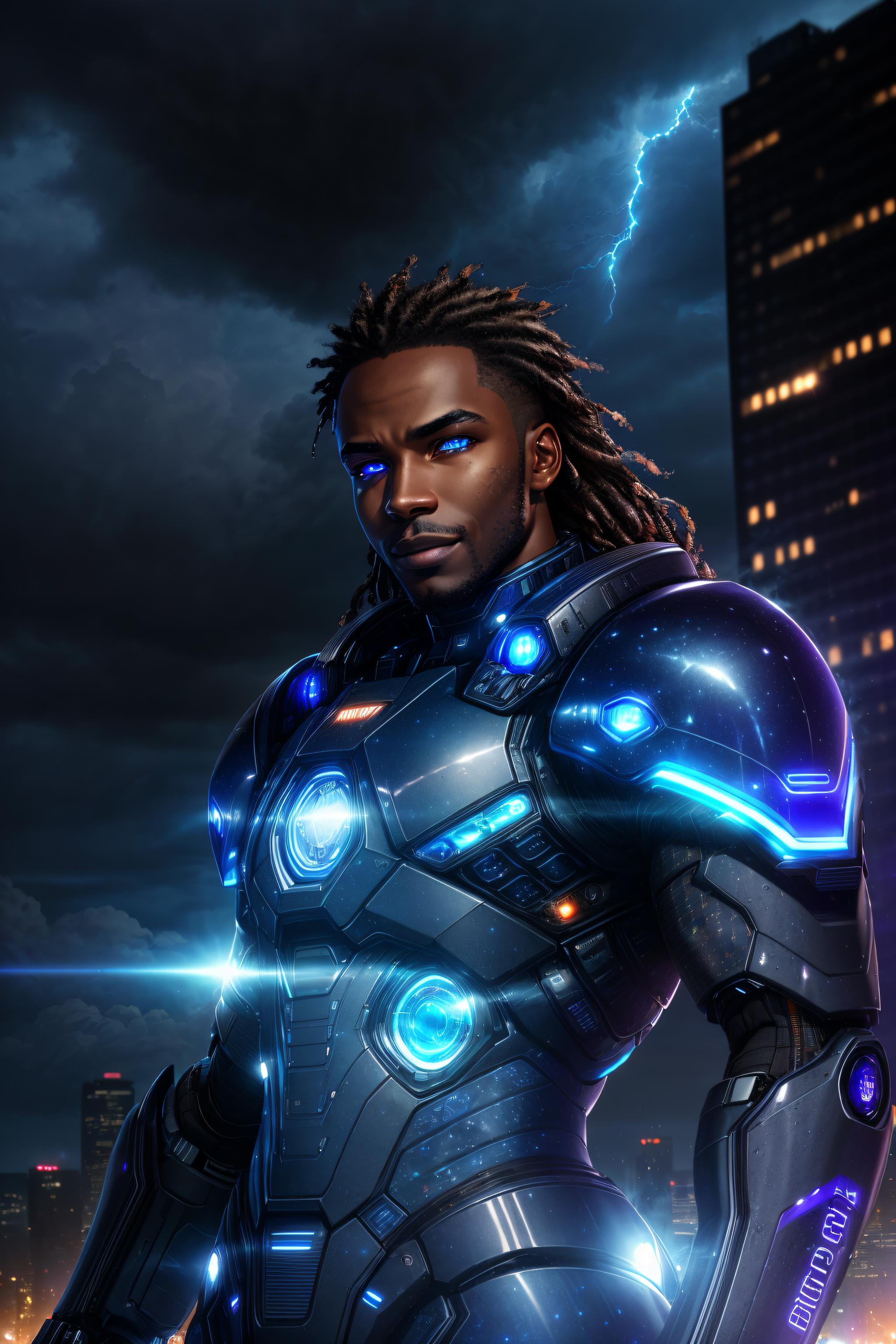 A man in a suit with blue lights standing in front of a city - SeaArt AI