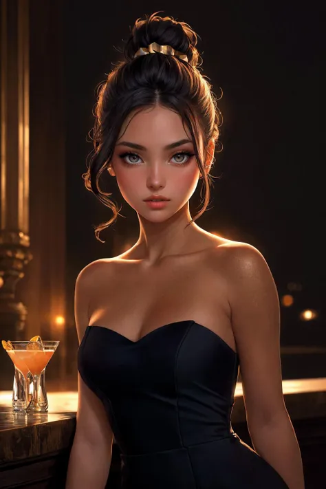 1girl, long hair, foundation, concealer, mascara, rosy cheeks, smokey eye makeup, lipstick, photorealistic, hyperrealistic, hyperdetailed, analog style, soft lighting, subsurface scattering, realistic, heavy shadow, masterpiece, best quality, ultra realistic, 8k, golden ratio, Intricate, High Detail, film photography, soft focus, (european, caucasian:1.5), luxurious night club, dim mood lighting, accent lighting, high end, upscale, posh, fancy ornate bar, (short black cocktail dress:1.25), strapless, bare shoulders, (hair up in messy bun:1.3), content, relaxed, soft smile, elegant dignified pose, (beautiful, gorgeous, flawless complection, glamour model:1.3), twilight blue, sparkling silver, galaxy purple, black velvet, (medium shot:1.4), (portrait:1.2), (hispanic, spanish, dark tan skin:1.3)