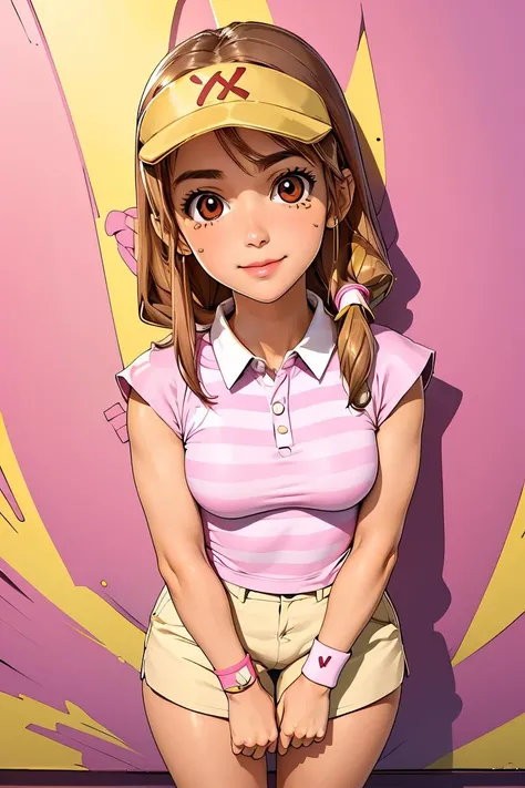 (masterpiece, best quality), 1girl,  <lora:ftspmom-nvwls-v1:1> ftspMom, striped shirt, pink shirt, short sleeves, tan pants, visor cap, white dress, short dress, sleeveless, wristband, tennis uniform,