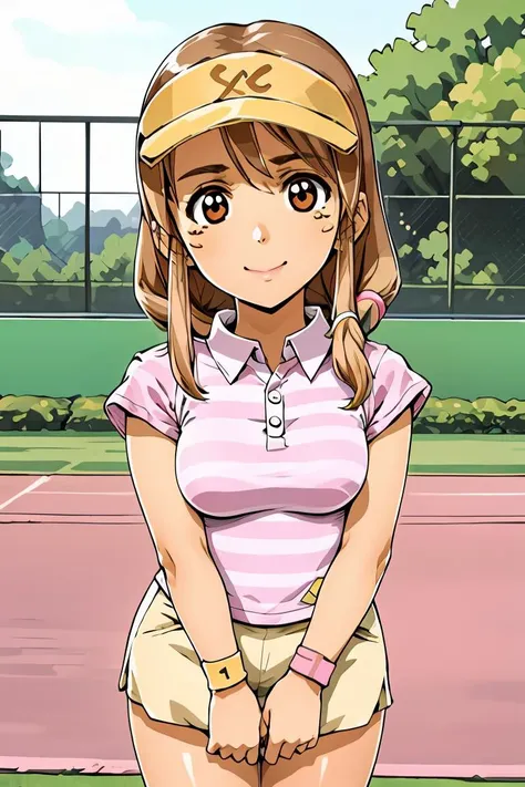 (masterpiece, best quality), 1girl,  <lora:ftspmom-nvwls-v1:1> ftspMom, striped shirt, pink shirt, short sleeves, tan pants, visor cap, white dress, short dress, sleeveless, wristband, tennis uniform,