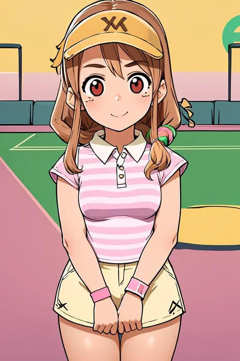 (masterpiece, best quality), 1girl,  <lora:ftspmom-nvwls-v1:1> ftspMom, striped shirt, pink shirt, short sleeves, tan pants, visor cap, white dress, short dress, sleeveless, wristband, tennis uniform,