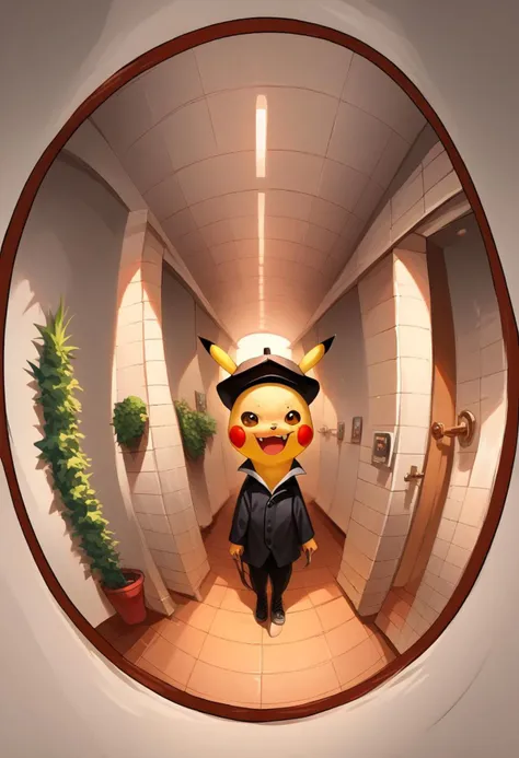 score_9, score_8_up, score_7_up, source_anime, Pikachu, Pokemon, detective hat, fang out, evil smile, from above, fisheye, detailed hallway, wall plants, MJ, marble floor,