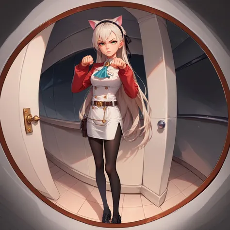 score_9,score_8_up,score_7_up,fisheye,eye_focus,black hairband, hair ribbon, long hair, ascot, uniform, long red sleeves, white dress, pencil skirt, belt, black pantyhose, cat ears, paw pose, 
<lora:door_fisheye_v1:1>   <lora:elie-pdxl-nvwls-v1:0.8> zeroElie,