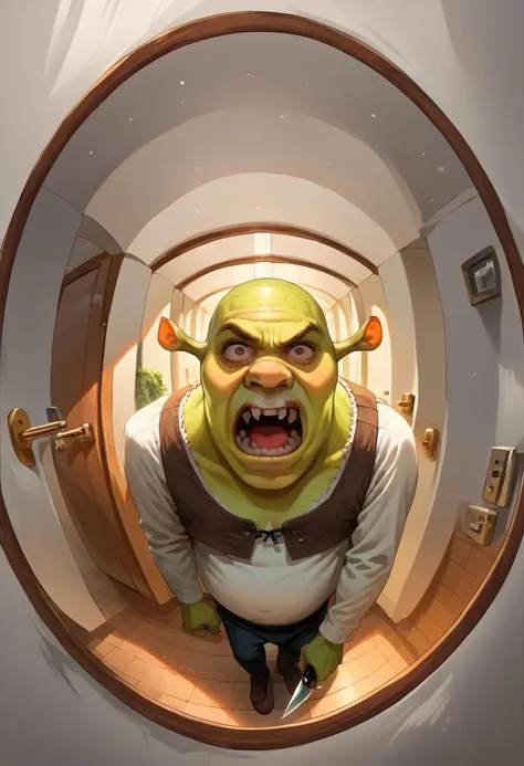 score_9, score_8_up, score_7_up, source_anime, 1boy, shrek, green skin, bald ogre, butcher costume, ketchup on clothes, cosplay, holding knife, threatening, knocking on the door, angry, eyebrows forced together, slightly opened mouth, fangs out, fisheye, peephole, looking at viewer, from above, detailed hallway, air plants, MJ, hallway lighting ideas, marble floor, outdoors,