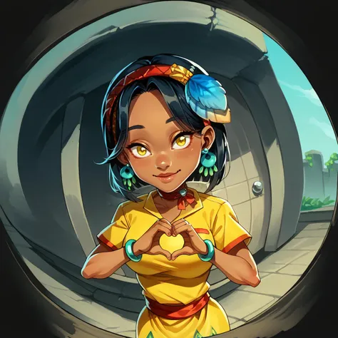 score_9, score_8_up, 1girl, solo, <lora:NSSoniaPortia:1> NSSoniaPortia, dark-skinned female, black hair, medium hair, yellow eyes, red hairband, feather hair ornament, teal dangle earrings, red choker, yellow dress, wide collar, short sleeves bracelet, <lora:doorFisheyeConceptPDXL_v10:1> fisheye, outdoors, :3, heart hands, happy