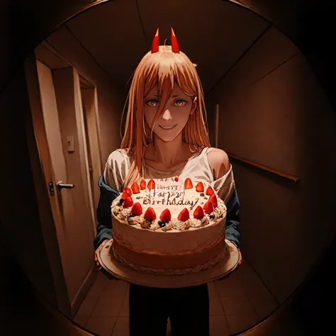 score_9, score_8_up, score_7_up BREAK masterpiece, newest, Highly detailed, zzHoldingCake, cake, birthday cake, happy birthday, fisheye, hallway, 1girl, p0w3r0x1, long hair, blonde hair, red horns,demon pupils, white shirt, off shoulder, smile <lora:HoldingCakePDXL:1> <lora:doorFisheyeConceptPDXL_v10:1> <lora:P0w3eeerXL_Pony_v1:1>