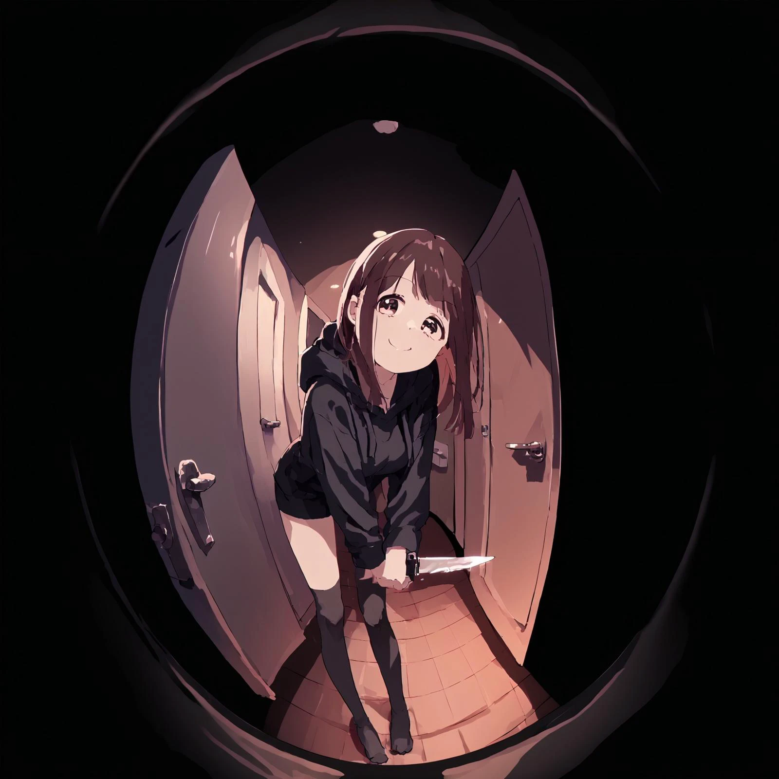 score_9,score_8_up,score_7_up, source_anime,
,medium breasts, Door fisheye, holding knife, smiling, leaning forward, head tilt, night, dark, hallway, black background,
nanase kurumi \(menhera-chan\), brown hair, black hoodie, black thighhighs
<lora:NanaseKurumi_Menhera-chan_XLPD:0.95> <lora:door_fisheye_v1:1>